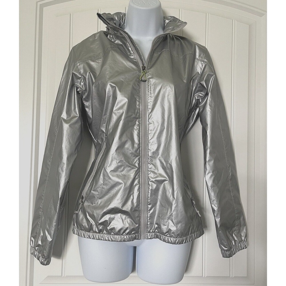 Koppen Windbreaker Jacket Womens Small Silver Hood Hidden Full Zip W/Pockets